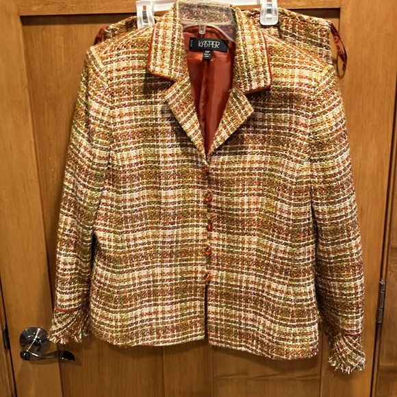 Kasper Tweed 2 piece Suit Blazer jacket & Skirt  14 petite orange/cream/green - Picture 2 of 8